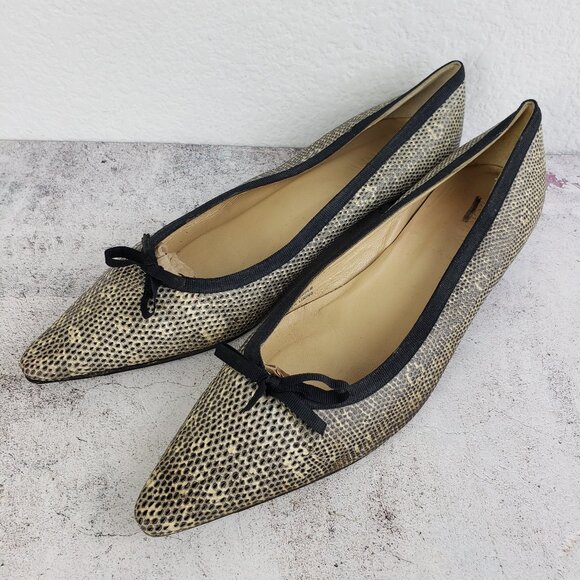 J CREW Italy Pointed Toe Pump Shoes Ballet Flats Textured Leather Snake Bow 8.5 - Picture 1 of 13